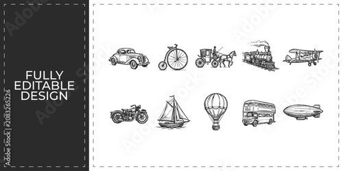 Tablou pe pânză Vintage Transportation and Classic Vehicles Hand Drawn Icon Set featuring Car Bi