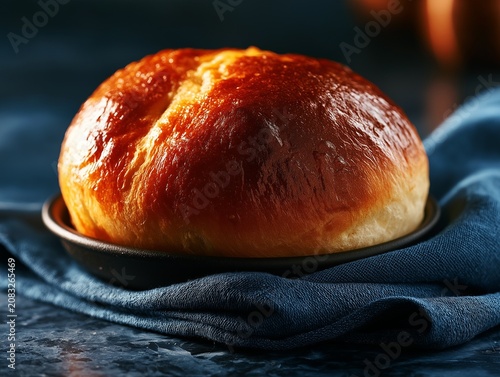 Golden Brown Brioche Bun Freshly Baked on Dark Surface with Blue Napkin