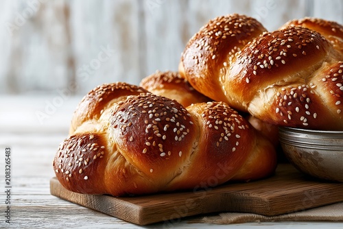 Freshly Baked Challah Bread with Sesame Seeds on Rustic Wooden Board