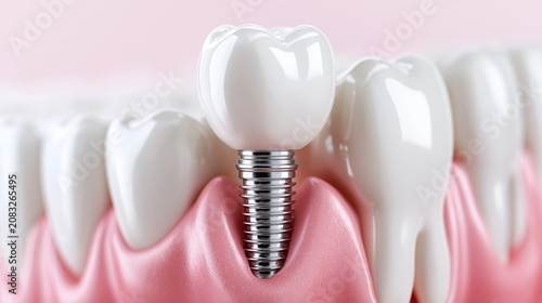 Close up of a dental implant in a human jaw with healthy gums and teeth
