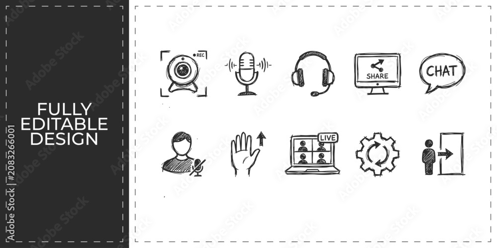 Obraz premium Customer Support and Communication Hand Drawn Doodle Icon Set featuring Headset Chat Bubble User and Settings for Professional Client Service Design