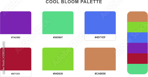 Billede på lærred Cool bloom palette color swatches showing vibrant violet green blue and soft brown shades with exact hex color codes set