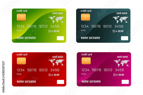 Fotografie Set of colorful realistic credit card templates with world map, chip and banking elements, modern financial payment design collection for business and banking concepts