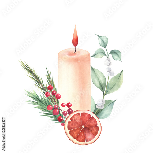 Christmas candle with tree branches, snowberry, red berries and dried red orange slice. Watercolor illustration. Isolated element on a white background. For packaging, greeting cards, seasonal design.