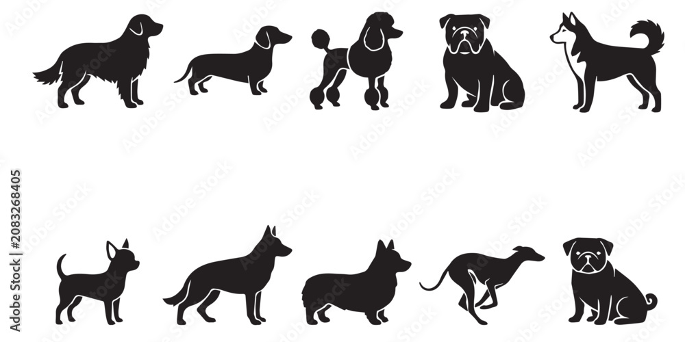 Obraz premium Black dog silhouettes, various breeds in different poses, icon set. A collection of black dog silhouettes featuring various breeds in different standing and sitting poses.