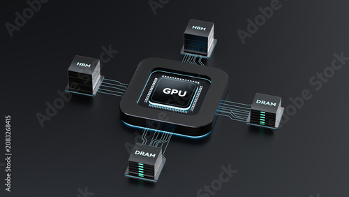 GPU paired with HBM and DRAM high speed memory 3D concept illustration, ideal digital asset for technology blog post, AI presentation, semiconductor industry marketing material and website banner desi