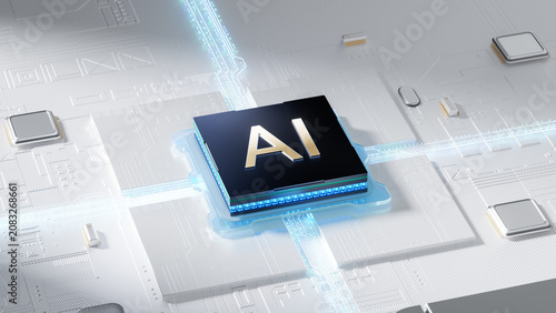 Realistic 3D render of advanced AI microchip with shiny golden AI text on its black top surface, mounted on a futuristic circuit board with glowing blue data light trails and surrounding small electro