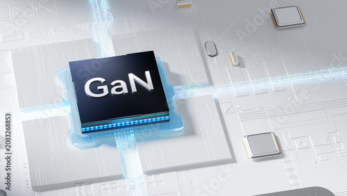 Realistic 3D render of GaN gallium nitride semiconductor chip mounted on futuristic glowing circuit board, surrounded by small microelectronic components with bright blue glowing digital data lines on