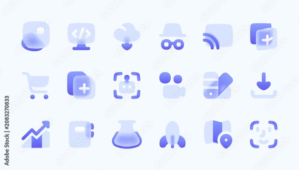 Fototapeta premium Transparent purple liquid glass morphism vector icons for startup, business, technology, e commerce. Modern frosted glass UI icon set white background for web, apps, dashboard, branding, UX design.