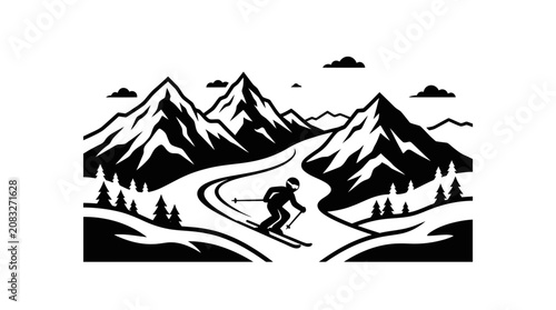 Skiing Down Snowy Mountain Slope with Trees and Peaks, Winter Sports