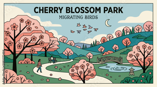 Schilderij op canvas Park scene with blooming cherry trees and migrating birds