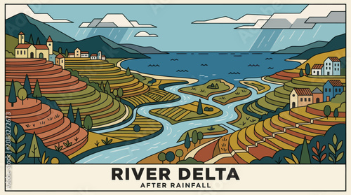 фотографія River delta with terraced fields and village