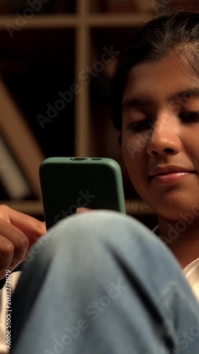 Indian Teenage Girl Using Smartphone While Sitting Comfortably on a Bean Bag at Home with Moody Lighting Against Brick Wall, Scrolling or Staying Connected with Friends Through Social Media