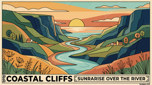 River valley sunrise landscape illustration