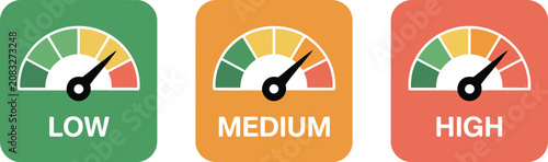 Quadro su tela Risk meter icon set with low medium and high gauge levels vector