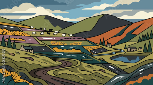 Rolling hills landscape with farm and livestock