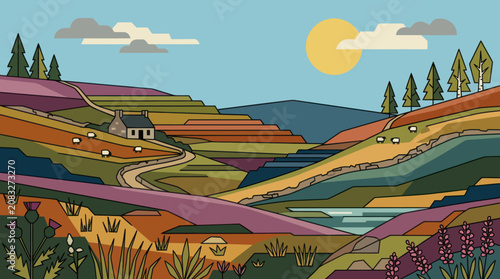 Rolling hills landscape with farmhouse and sheep
