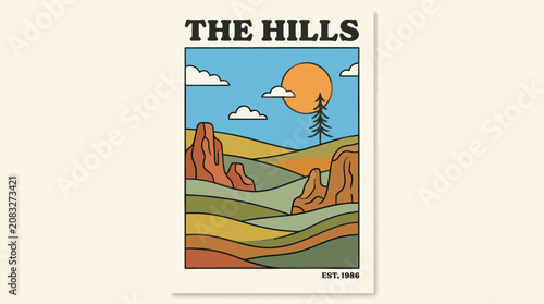 Rolling hills landscape with sun and clouds