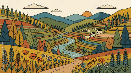 Rolling hills landscape with river and village