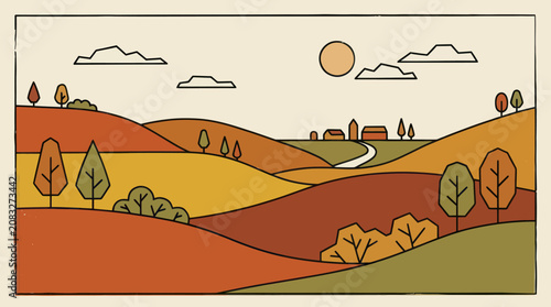 Rolling hills landscape with trees and farms