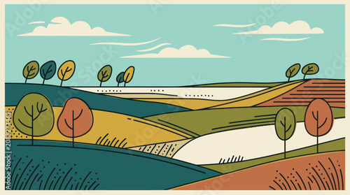 Rolling hills landscape with trees and sky