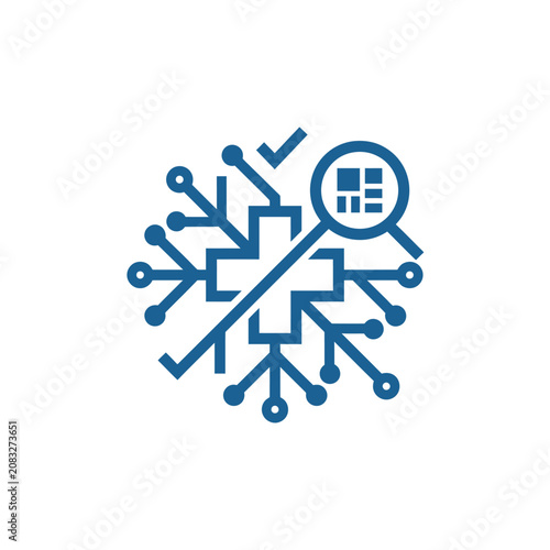 A blue digital icon showing a medical cross and magnifying glass