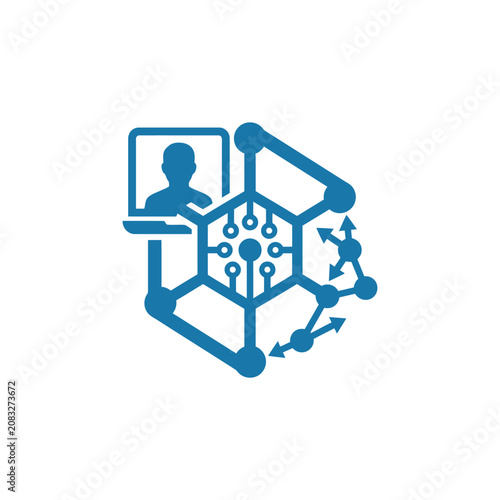 A blue digital icon showing a network and a computer user