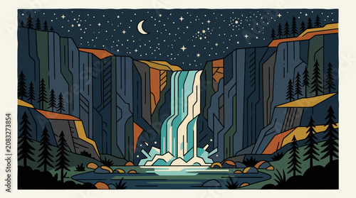 Scenic waterfall illustration at night