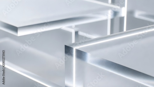 Abstract composition of clear, translucent acrylic or glass panels arranged in a geometric, three-dimensional pattern, reflecting light and creating sharp edges.