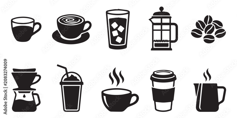 Obraz premium Black coffee and tea icon set, vector illustration. A collection of black and white icons featuring various coffee and tea cups, mugs, and brewers
