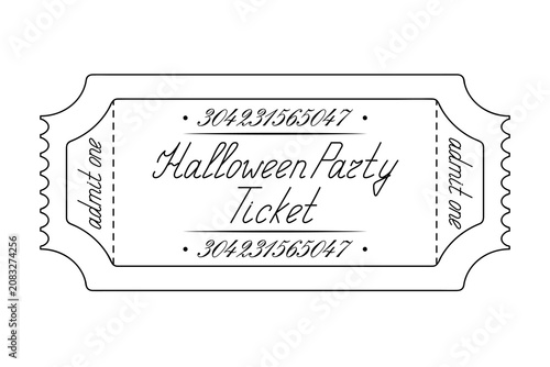 Halloween party ticket admit one. Sketch. Handwritten cursive lettering with a capital letter. Vector illustration. Tear-off ticket with a number. Outline on an isolated white background. Doodle style