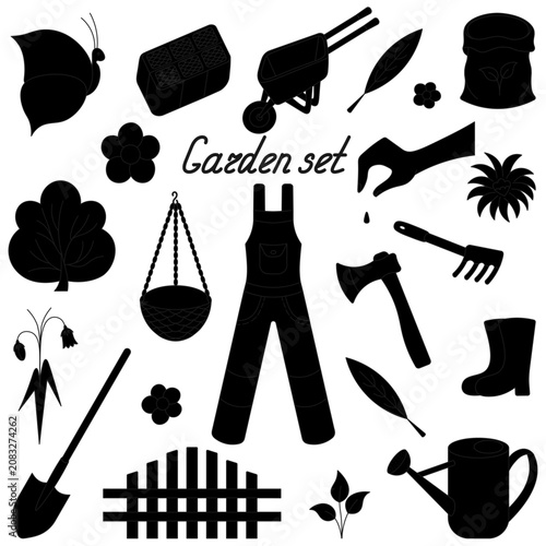 Garden set. Silhouette. Vector illustration. Isolated white background. Human palm sowing seeds, work overalls, canvas bag for soil, pots for seedlings with soil. Idea for web design.