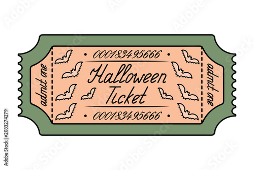 Halloween green ticket. Admit one. Bats. Handwritten cursive lettering with a capital letter. Color vector illustration. Tear-off ticket with a number. Isolated on white background. 