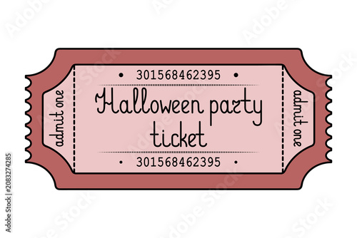 Halloween party ticket admit one. Red flyer. Handwritten lettering. Color vector illustration. Tear-off ticket with serial number. Isolated on white background. Idea for web design.