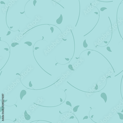Scattered branches with dark green leaves. Endless vector pattern. Isolated turquoise background. Seamless continuous plant print. Flat style. Design idea for wallpaper, background, fabric.