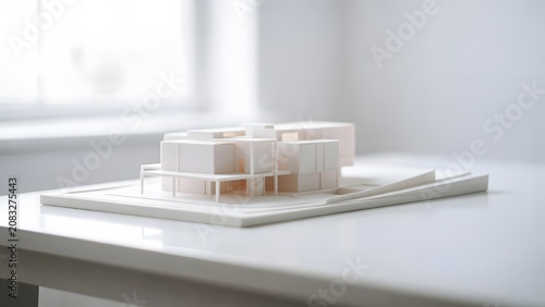 Architectural model of a modern building with clean lines and geometric shapes, rendered in white material on a white table, illuminated by soft natural light from a window in the.
