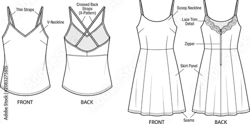 Obraz na płótnie Women fashion technical sketch collection with thin strap camisole top and lace