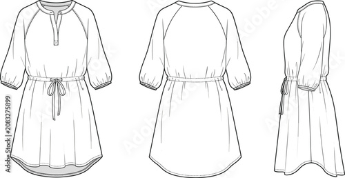 Foto Women raglan sleeve tunic dress technical fashion sketch template front back and