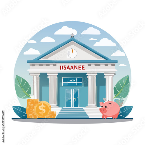 Flat illustration of a bank building with piggy bank and coins