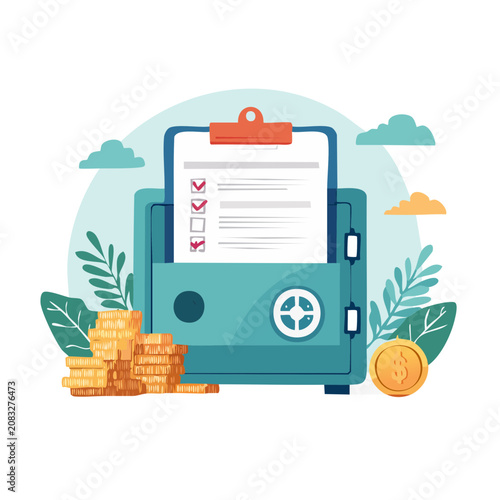 Flat illustration of a safe with checklist and coins