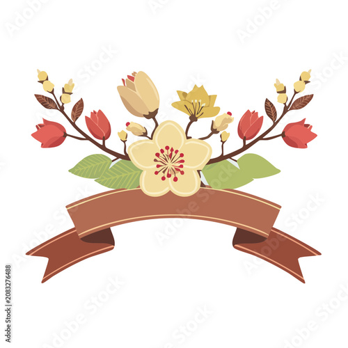 Floral Banner with Flowers and Ribbon Vector Illustration