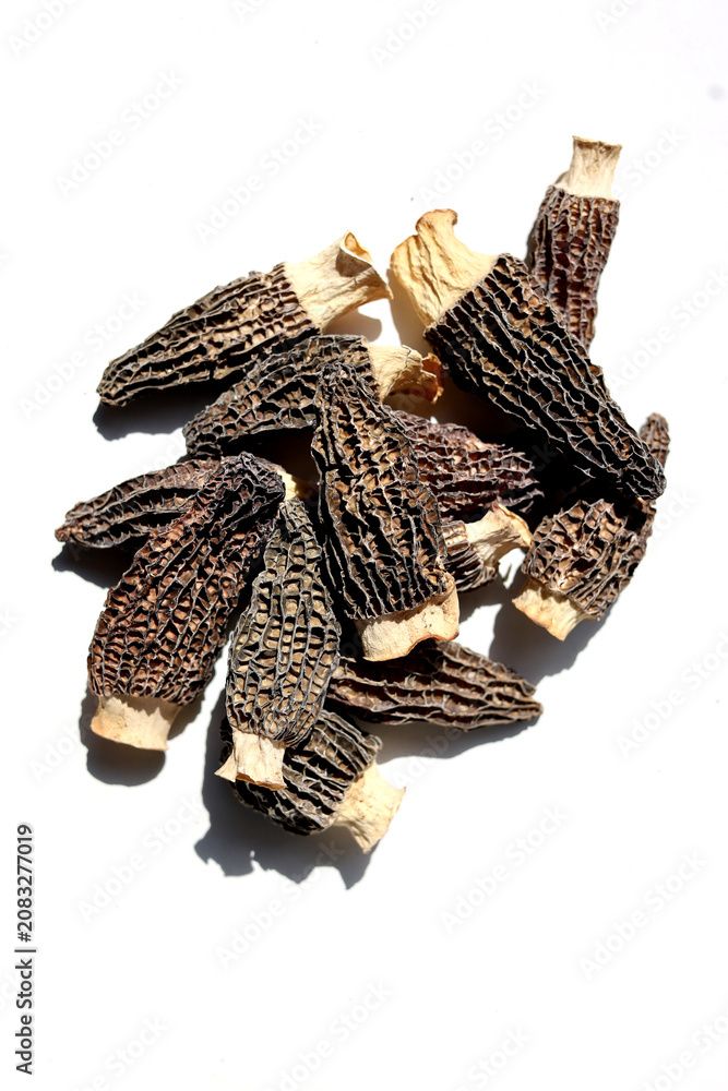 Obraz premium Dried morel mushrooms on white background.
