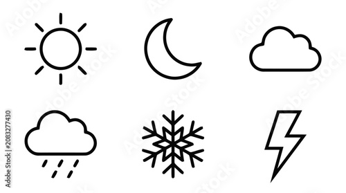 Weather icons display sun, moon, cloud, rain, snowflake, and lightning symbols