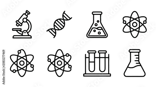 Science icons including a microscope, DNA, beaker, atom, and test tubes are shown
