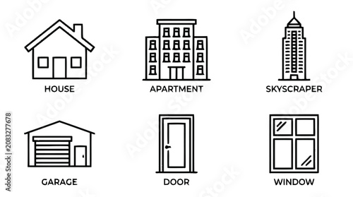 Obraz na plátně The architectural illustration features a house, apartment, skyscraper, garage, door, and window