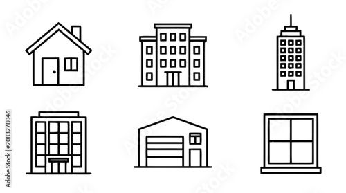 Buildings and structures icons including house, office, and garage are illustrated