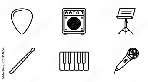 Music icons including guitar pick, amplifier, music stand, drumstick, piano keys, and microphone