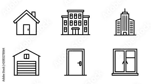 The architectural icons depict a house, buildings, and a garage in a city.