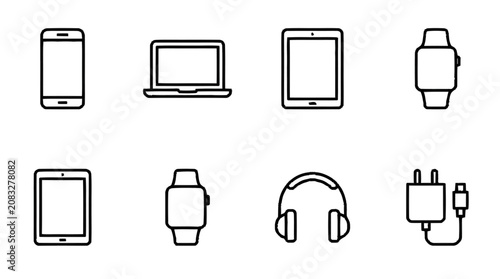 A collection of eight electronic devices icons including phone, laptop, tablet, smartwatch, headphones, and charger on a white background.