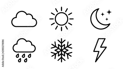 Weather forecast symbols with sun, moon, cloud, rain, snow, and lightning icons.